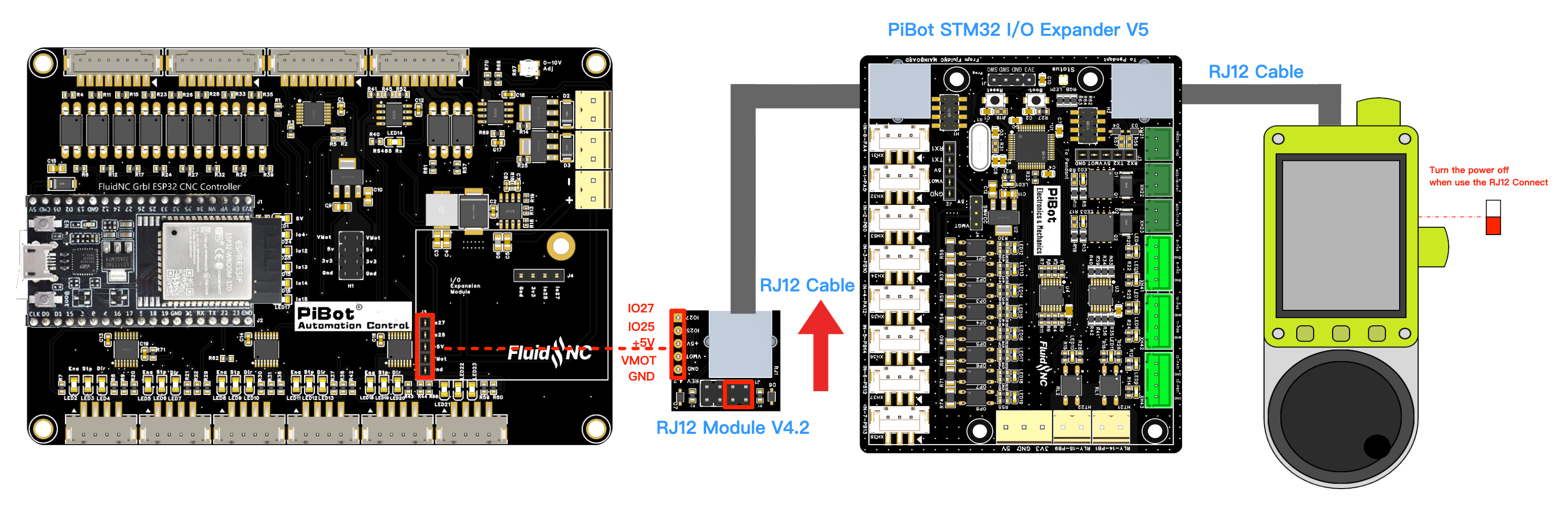 PiBot V4.7B through RJ12 Adapter V4.2 and I/O Expander V5 to Pendant V4.2