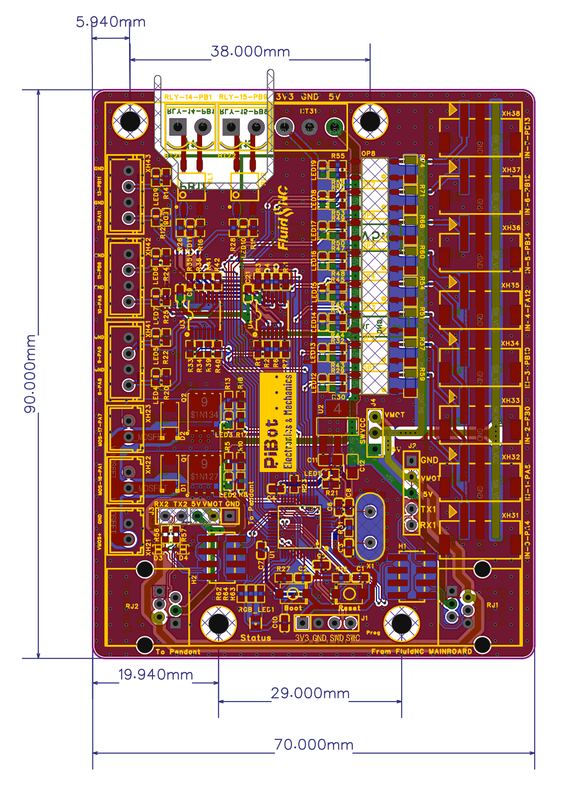 PiBot Expander V5 dimension drawing, 70 by 90 millimetres