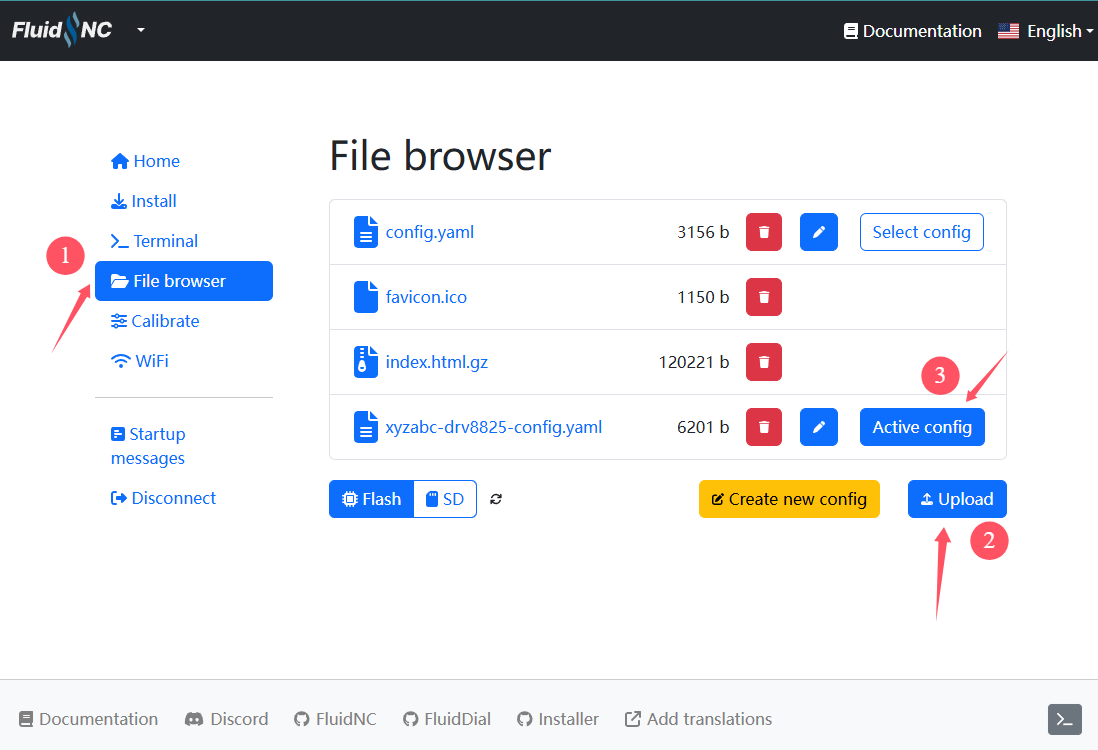 FluidNC File browser Upload and Active config buttons
