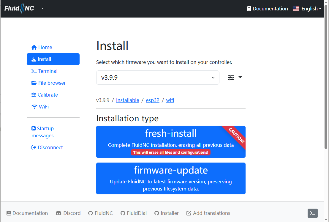 FluidNC fresh install and firmware update choices