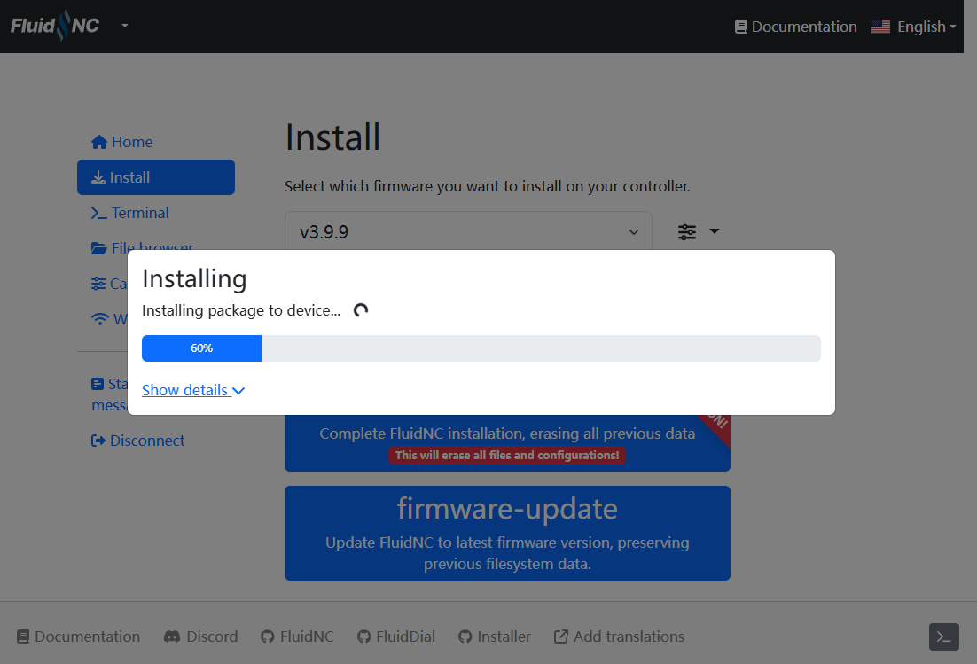 FluidNC installation progress complete