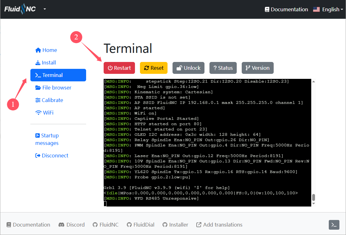 FluidNC startup message after restart