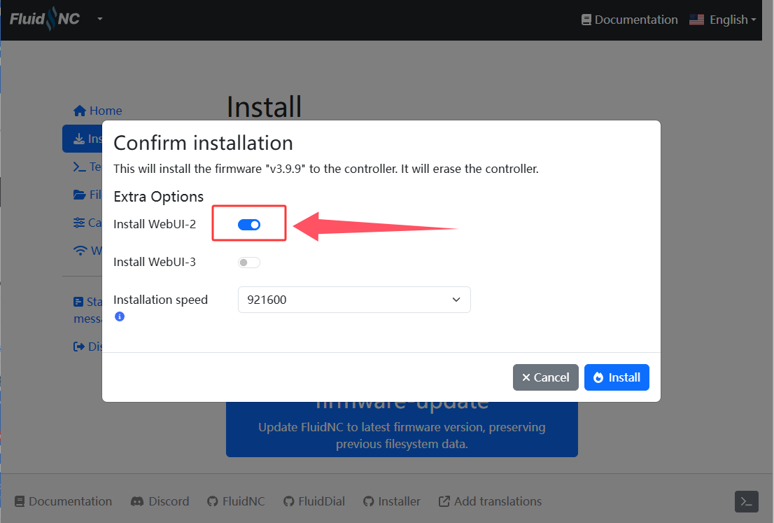 FluidNC installer WebUI 2 selection